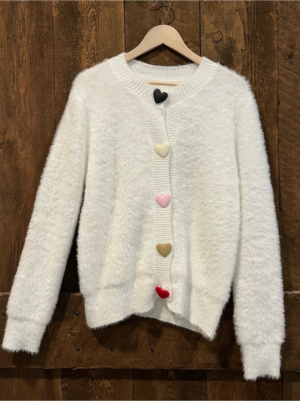 SHEIN White Fuzzy Cardigan with Multicolor Heart Buttons